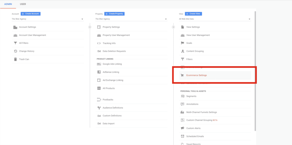 The button in the third column, 6th from the top, is "E-Commerce Settings"
