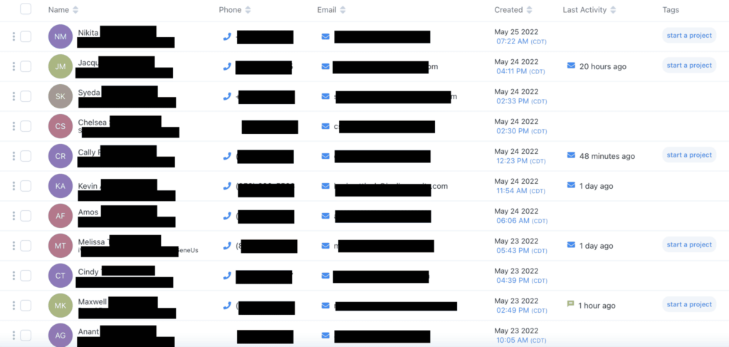 Example of a CRM displaying redacted contact details
